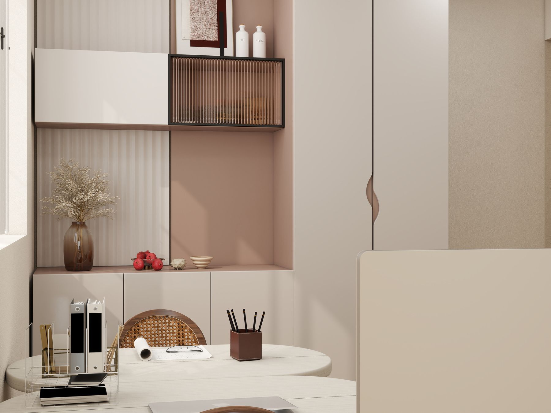 Mueble de almacenaje en blanco y rosa empolvado