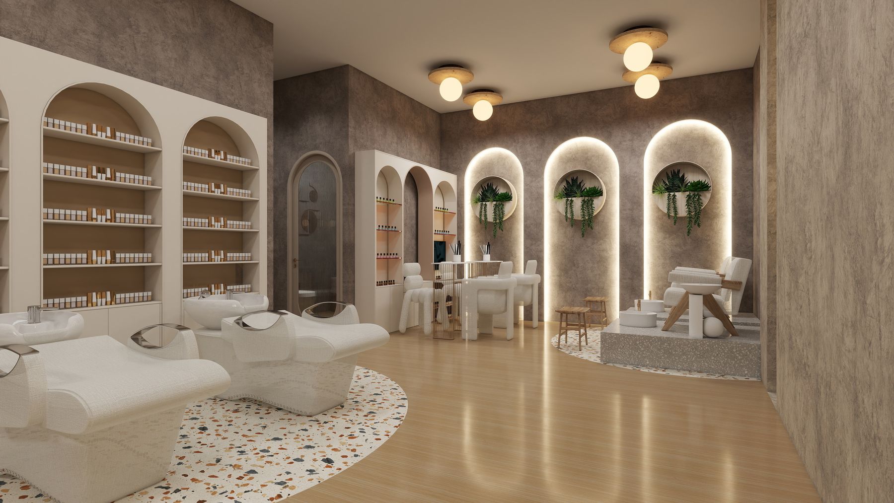Salón de belleza con lavacabezas, estanterías en arco y piso de terrazo